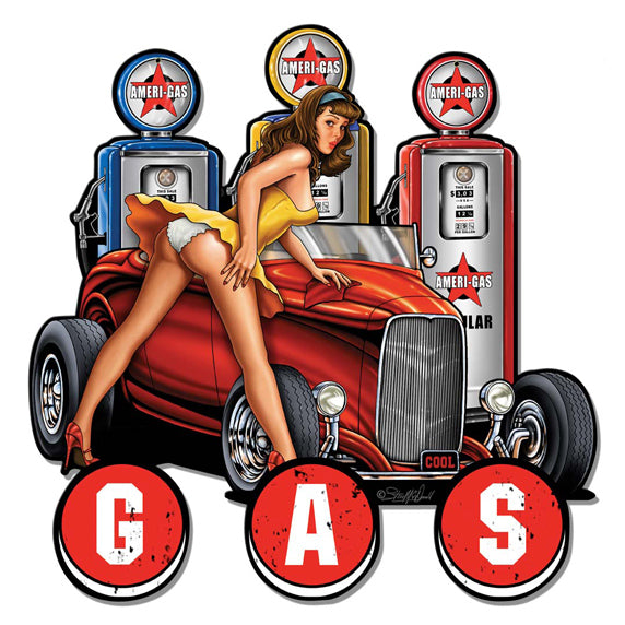 Gas Pump Pinup Hot Rod Vintage Sign, Oil & Petro, Metal Sign, Wall Art, 14 X 14 Inches