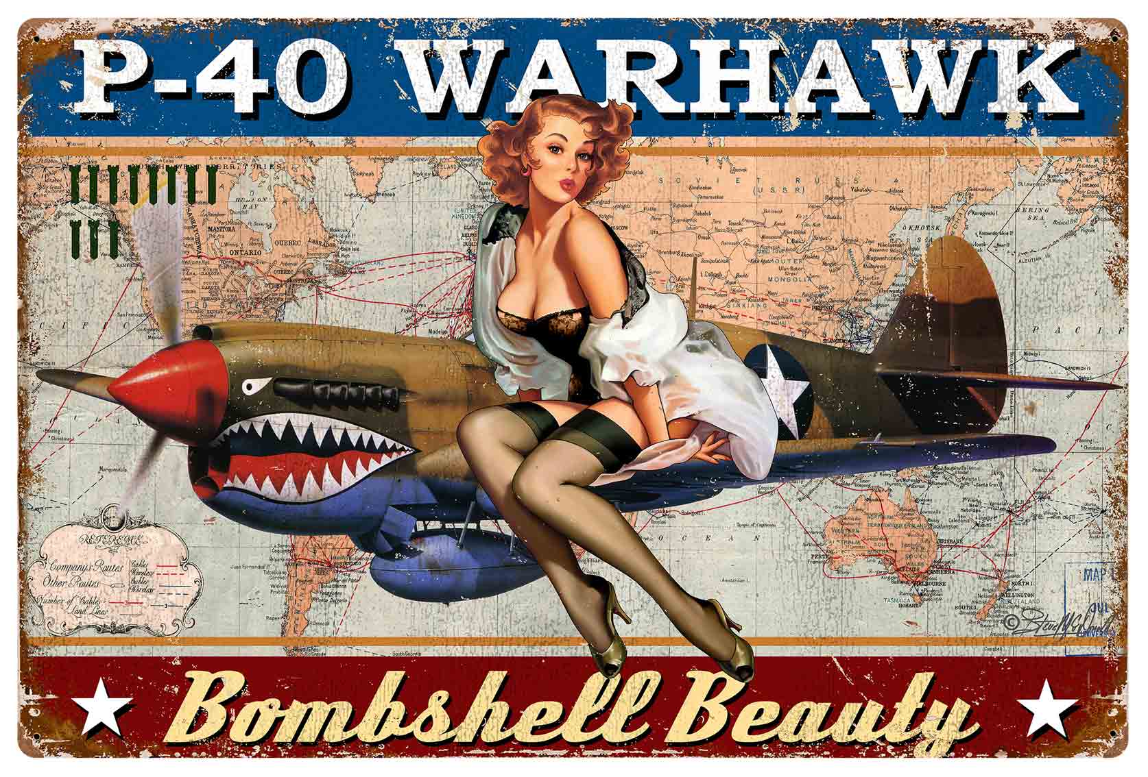 P-40 Warhawk Pinup Vintage Sign, Other, Metal Sign, Wall Art, 30 X 20 Inches