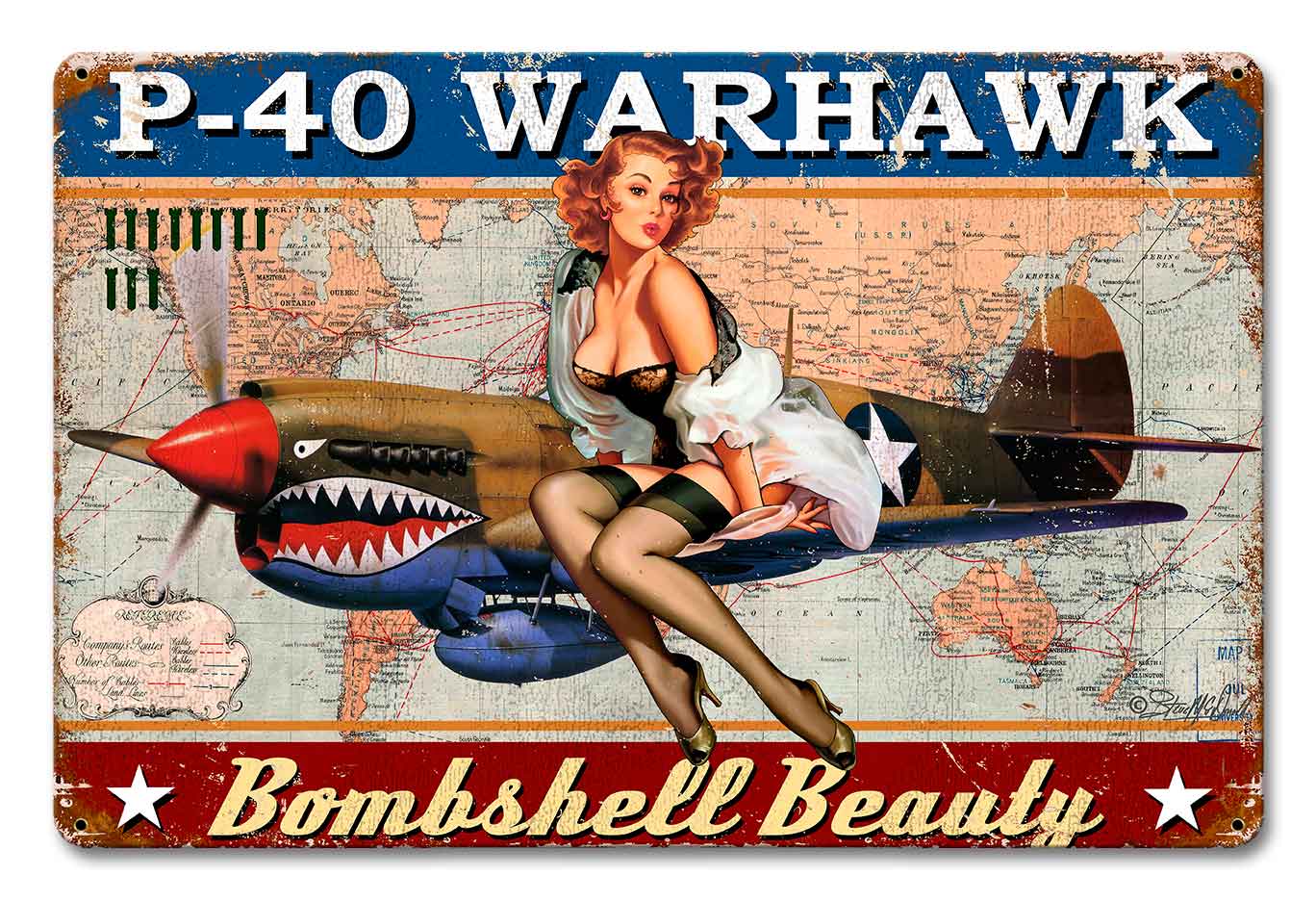 P-40 Warhawk Pinup Vintage Sign, Other, Metal Sign, Wall Art, 18 X 12 Inches