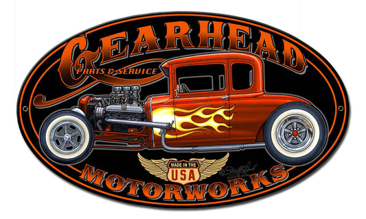 Gearhead Motorworks Vintage Sign, Other, Metal Sign, Wall Art, 14 X 8 Inches