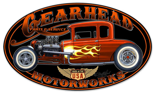 Gearhead Motorworks Vintage Sign, Other, Metal Sign, Wall Art, 24 X 14 Inches