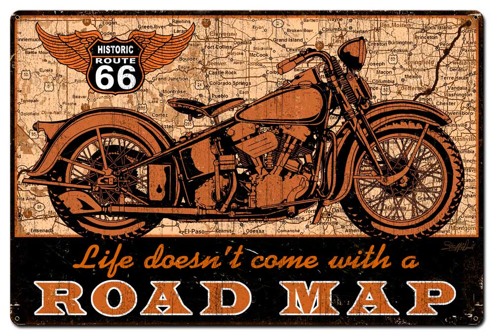 Road Map bike Vintage Sign, Other, Metal Sign, Wall Art, 36 X 24 Inches