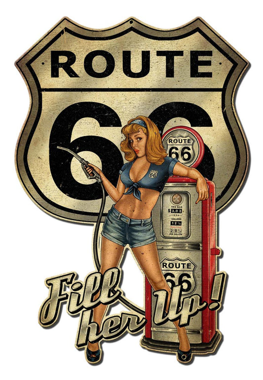 Rt66 Pin Up Fill Er Up Vintage Sign, Other, Metal Sign, Wall Art, 16 X 24 Inches