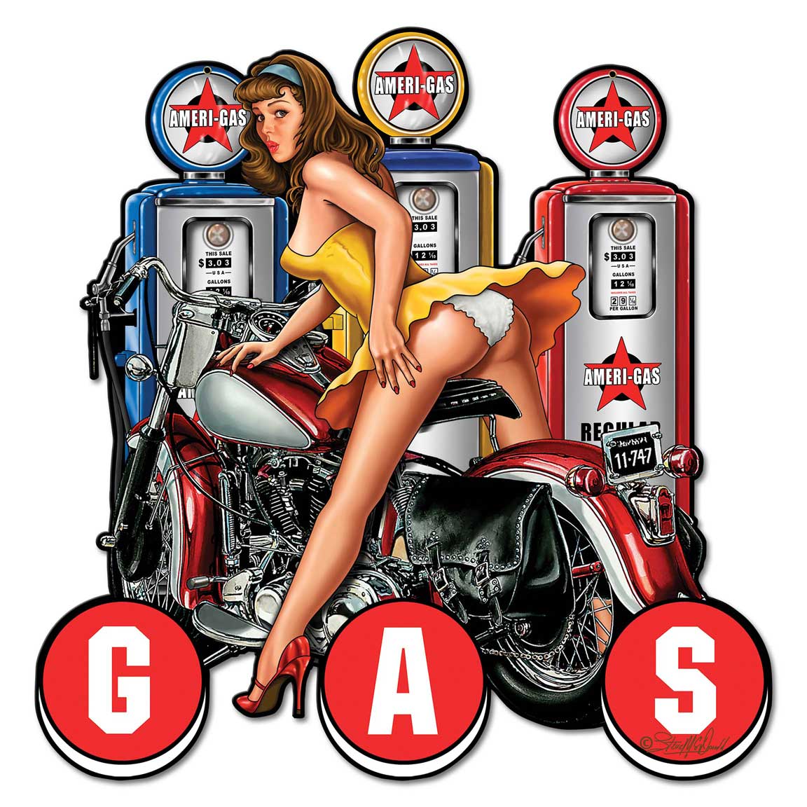 Gas Pump Pinup Vintage Sign, Oil & Petro, Metal Sign, Wall Art, 30 X 30 Inches