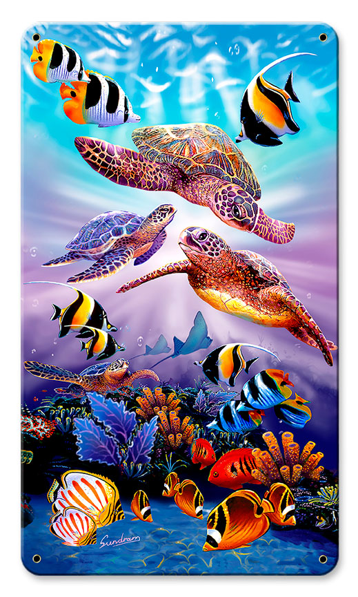 Turtles Aqua Vintage Sign, Ocean and Beach, Metal Sign, Wall Art, 14 X 8 Inches