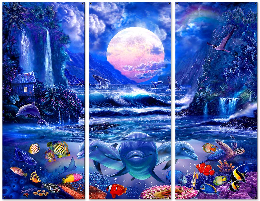 Moonlight Oasis, 3 Pieces Vintage Sign, Ocean and Beach, Metal Sign, Wall Art, 9 X 21 Inches