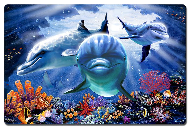 Dolphin Cave Vintage Sign, Ocean and Beach, Metal Sign, Wall Art, 16 X 24 Inches