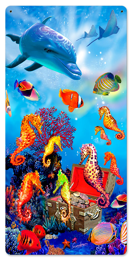 Seahorse Kingdom Vintage Sign, Ocean and Beach, Metal Sign, Wall Art, 12 X 24 Inches