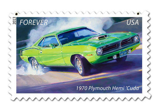 Hemi Cuda Stamp Vintage Sign, US Postal Service, Metal Sign, Wall Art, 18 X 12 Inches
