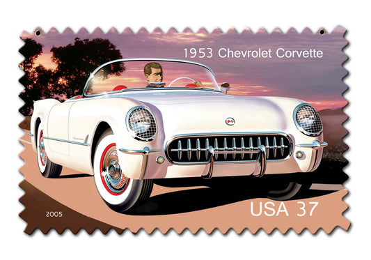 1953 Chevrolet Corvette Postager Stamp Vintage Sign, US Postal Service, Metal Sign, Wall Art, 18 X 12 Inches