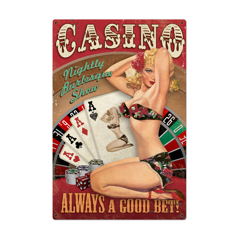 Casino Pinup Vintage Sign, Bar and Alcohol , Metal Sign, Wall Art, 24 X 36 Inches