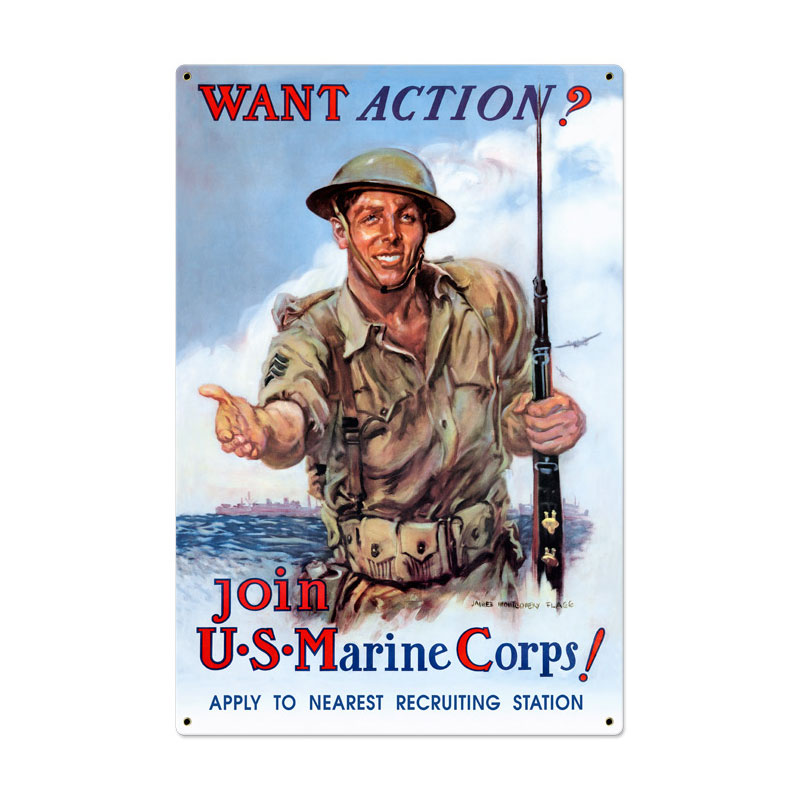 Want Action? Vintage Sign, Military, Metal Sign, Wall Art, 24 X 36 Inches