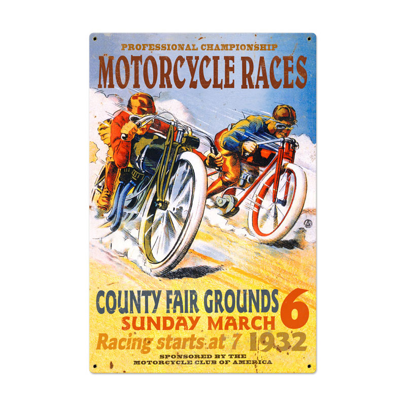 Motorcycle Races Vintage Sign, Motorcycle, Metal Sign, Wall Art, 24 X 36 Inches