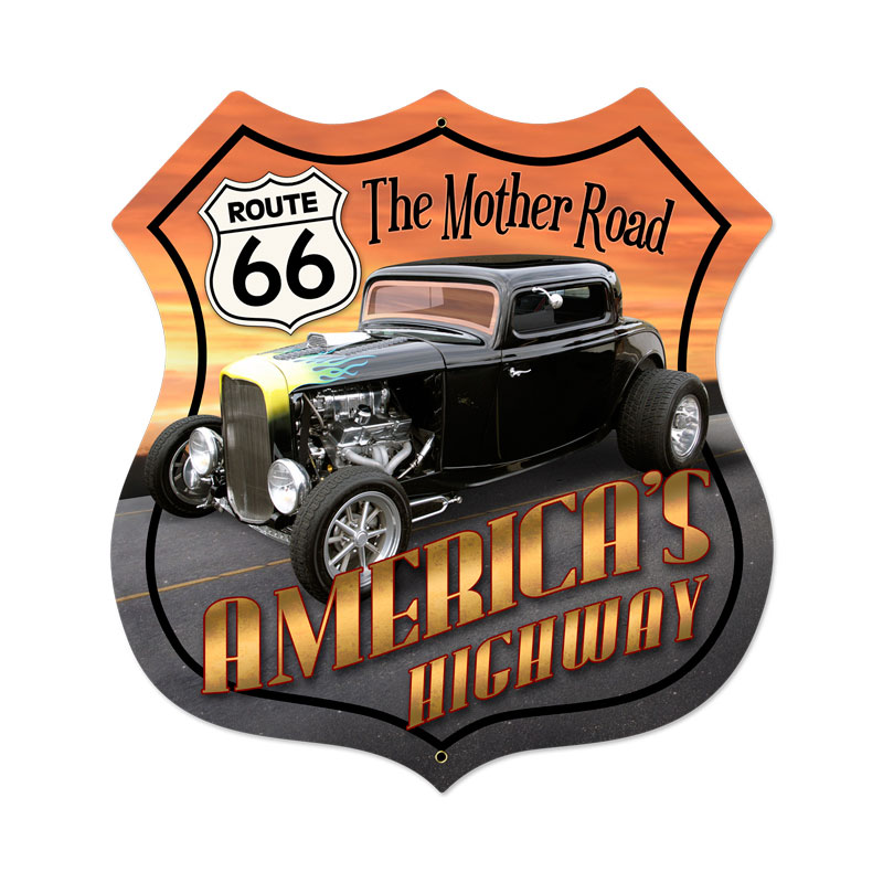 Route 66 Hot Rod Vintage Sign, Street Signs, Metal Sign, Wall Art, 28 X 28 Inches
