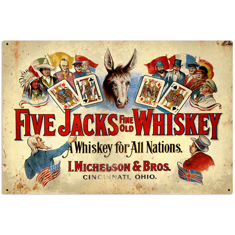 Five Jacks Whiskey Vintage Sign, Bar and Alcohol , Metal Sign, Wall Art, 36 X 24 Inches
