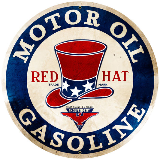 Red Hat Gasoline Vintage Sign, Oil & Petro, Metal Sign, Wall Art, 28 X 28 Inches