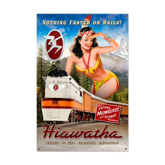 Hiawatha Indian Vintage Sign, Trains, Metal Sign, Wall Art, 24 X 36 Inches