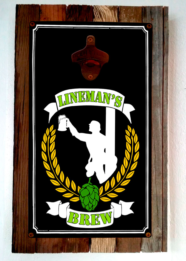 LINEMAN BREW BLACK BOTTLE OPENER Vintage Sign, Lineman, Metal Sign, Wall Art, 10 X 16 Inches