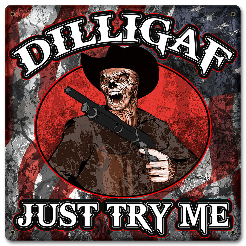 Dilligaf Skeleton Cowboy Vintage Sign, Automotive, Metal Sign, Wall Art, 12 X 12 Inches