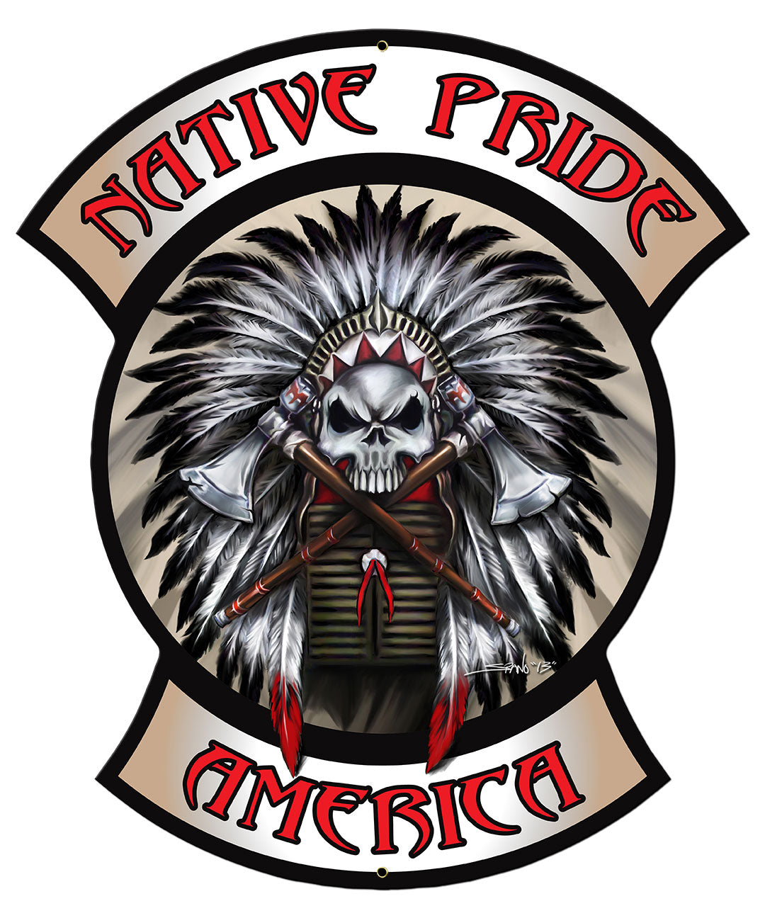 Native Pride Indian Skull Vintage Sign, Automotive, Metal Sign, Wall Art, 14 X 16 Inches