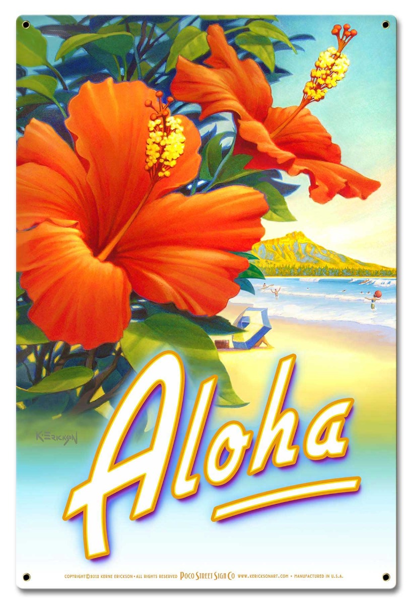 Aloha Hibiscus Vintage Sign, Oil & Petro, Metal Sign, Wall Art, 16 X 24 Inches