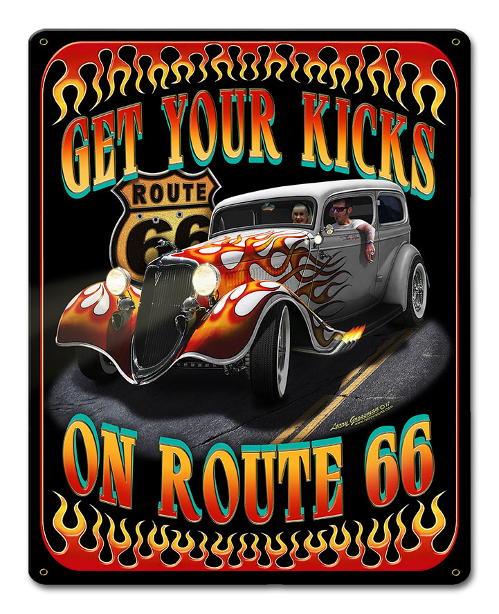 Kicks on Rt. 66, Automotive, Metal Sign, Wall Art, 15 X 12 Inches