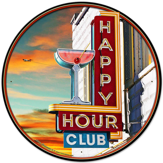 Happy Hour Club Vintage Sign, Automotive, Metal Sign, Wall Art, 28 X 28 Inches