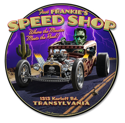 Frankie's Speed Shop Vintage Sign, Automotive, Metal Sign, Wall Art, 17 X 17 Inches