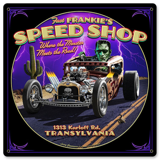 Frankie's Speed Shop Vintage Sign, Automotive, Metal Sign, Wall Art, 12 X 12 Inches