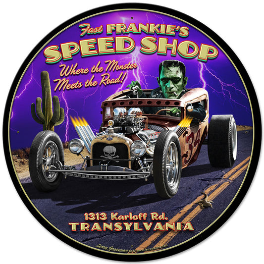 Frankie's Speed Shop Vintage Sign, Automotive, Metal Sign, Wall Art, 28 X 28 Inches