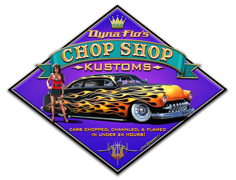 Dyna Flo's Chop Shop Vintage Sign, Automotive, Metal Sign, Wall Art, 12 X 16 Inches
