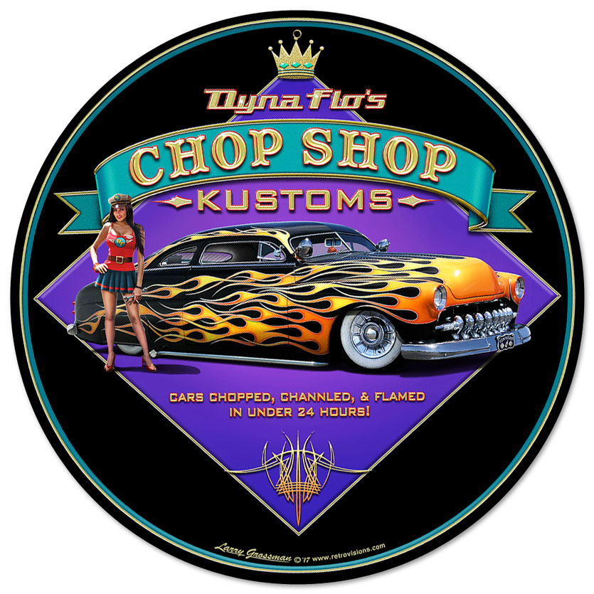 Dyna Flo's Chop Shop Vintage Sign, Automotive, Metal Sign, Wall Art, 14 X 14 Inches