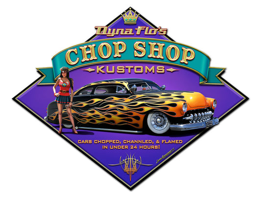 Dyna Flo's Chop Shop Vintage Sign, Automotive, Metal Sign, Wall Art, 27 X 21 Inches