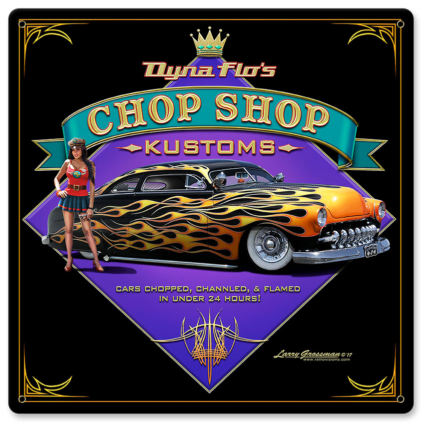 Dyna Flo's Chop Shop Vintage Sign, Automotive, Metal Sign, Wall Art, 12 X 12 Inches