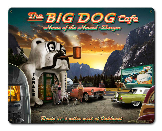 Big Dog Cafe Vintage Sign, Automotive, Metal Sign, Wall Art, 12 X 15 Inches