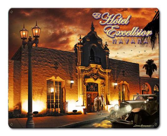 Hotel Excellsior Havana Vintage Sign, Automotive, Metal Sign, Wall Art, 12 X 15 Inches