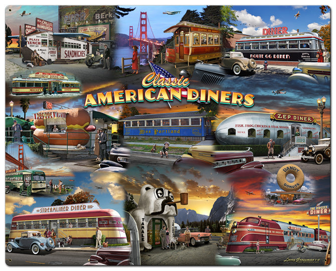 Diner Collage Vintage Sign, Automotive, Metal Sign, Wall Art, 24 X 30 Inches