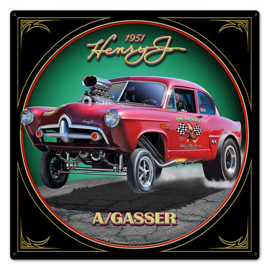 1951 Henry J Gasser Vintage Sign, Automotive, Metal Sign, Wall Art, 24 X 24 Inches