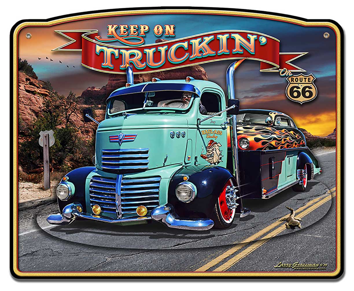 1947 Truckin' Rt 66 3-D, Automotive, Metal Sign, Wall Art, 18 X 15 Inches