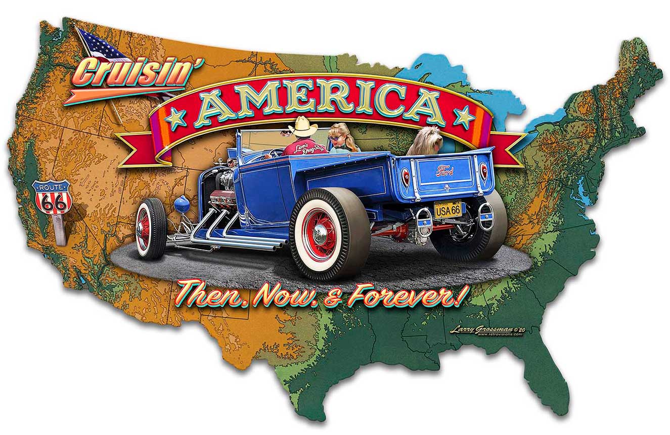 CRUISIN' AMERICA MAP, New Products, Metal Sign, Wall Art, 27 X 16 Inches
