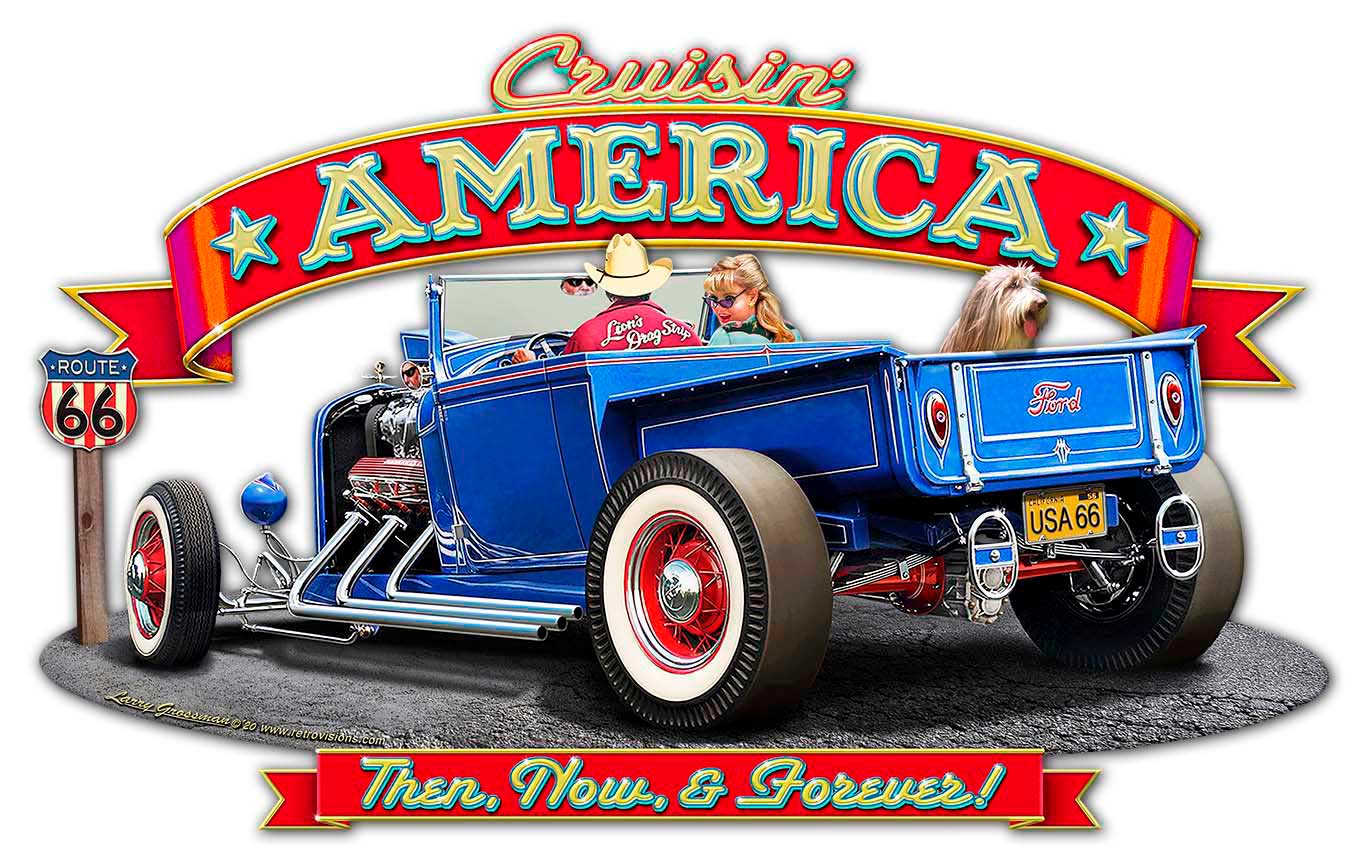 CRUISIN' AMERICA, Automotive, Metal Sign, Wall Art, 24 X 15 Inches
