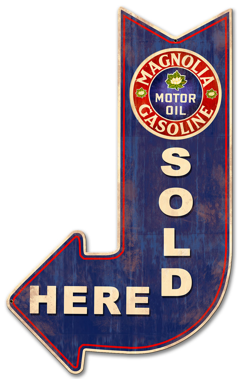 Magnolia Gasoline Sold Here Arrow, Oil & Petro, Metal Sign, Wall Art, 15 X 24 Inches