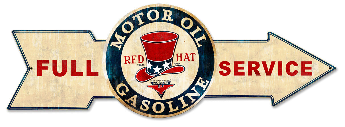 Full Service Red Hat Gasoline, Oil & Petro, Metal Sign, Wall Art, 32 X 11 Inches