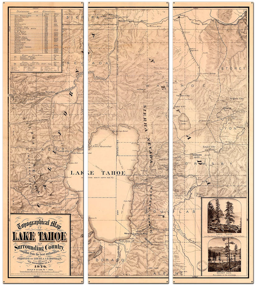 Lake Tahoe Map Vintage Sign, Travel, Metal Sign, Wall Art, 36 X 42 Inches