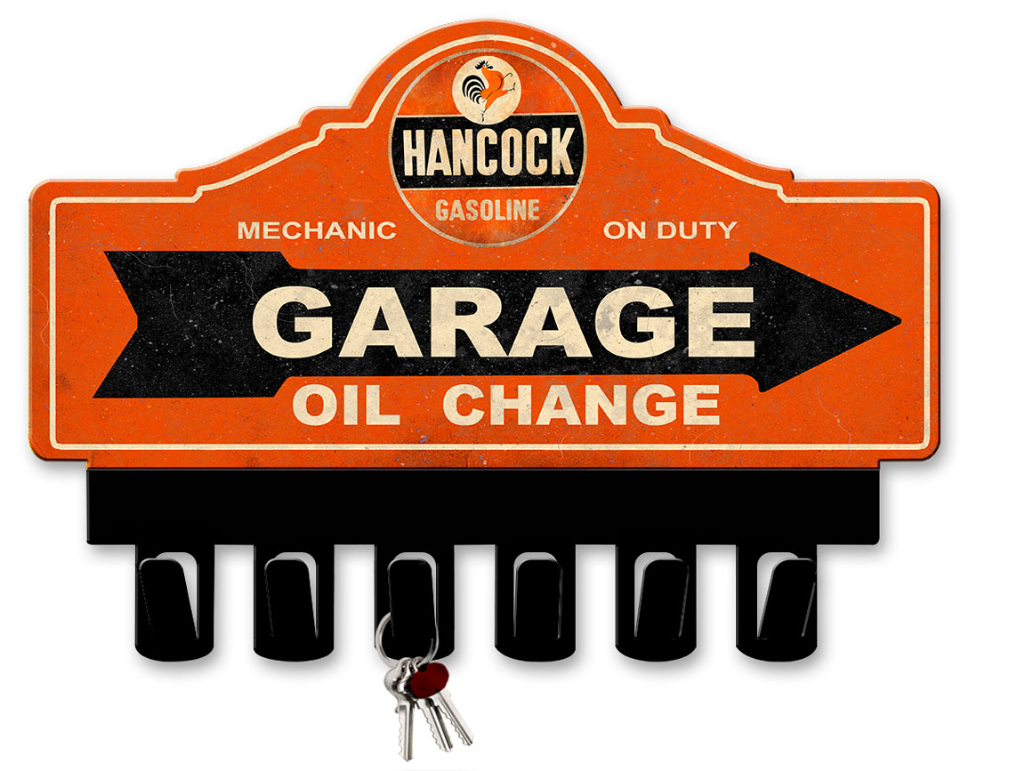 Classic Hancock Gasoline Key Hanger Vintage Sign, Oil & Petro, Metal Sign, Wall Art, 14 X 10 Inches