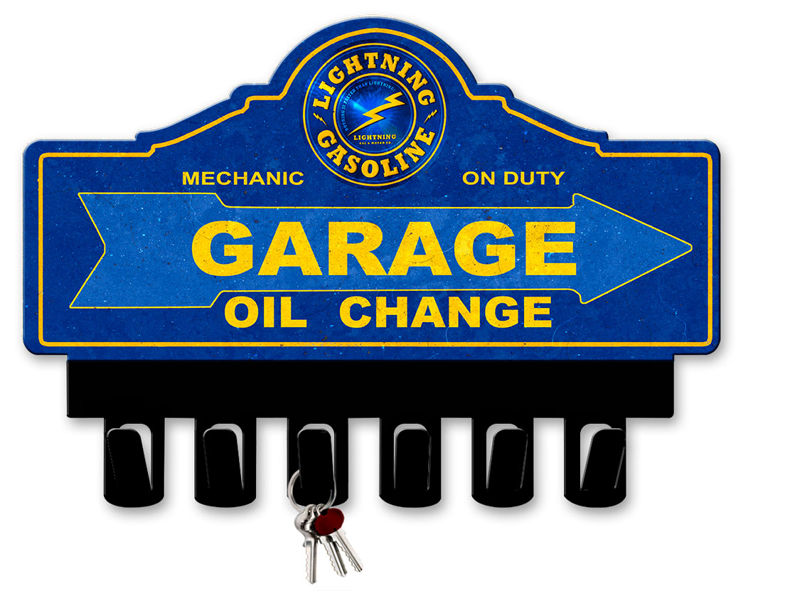 Lightning Gasoline Key Hanger Vintage Sign, Oil & Petro, Metal Sign, Wall Art, 14 X 10 Inches