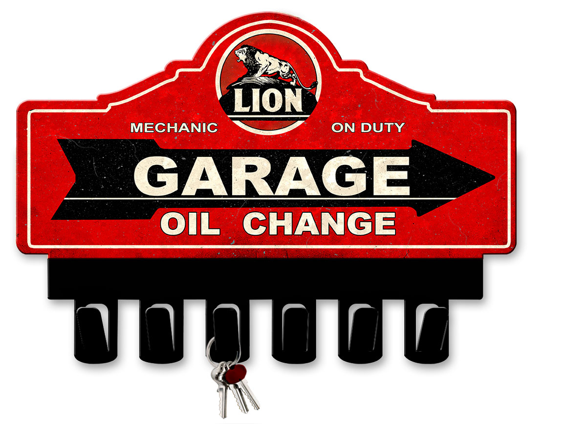 Lion Gasoline Key Hanger Vintage Sign, Oil & Petro, Metal Sign, Wall Art, 14 X 10 Inches