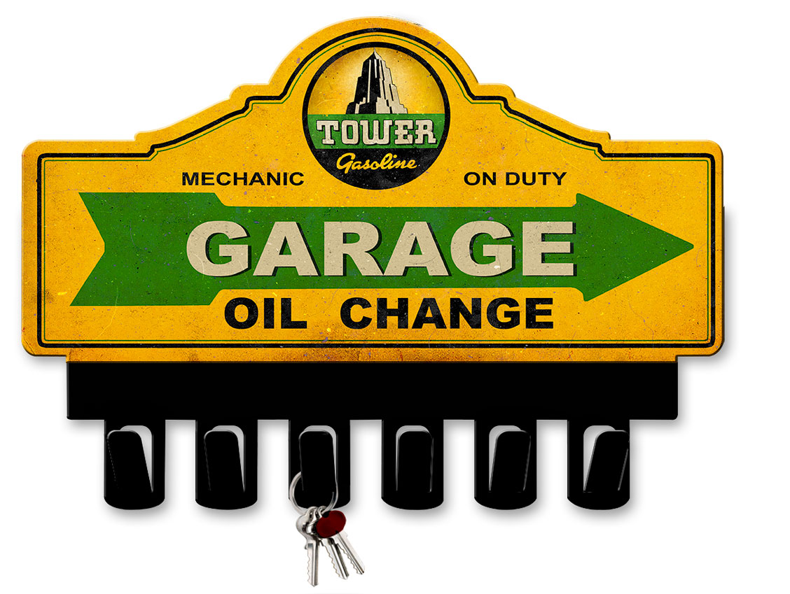 Tower Gasoline Key Hanger Vintage Sign, Oil & Petro, Metal Sign, Wall Art, 14 X 10 Inches