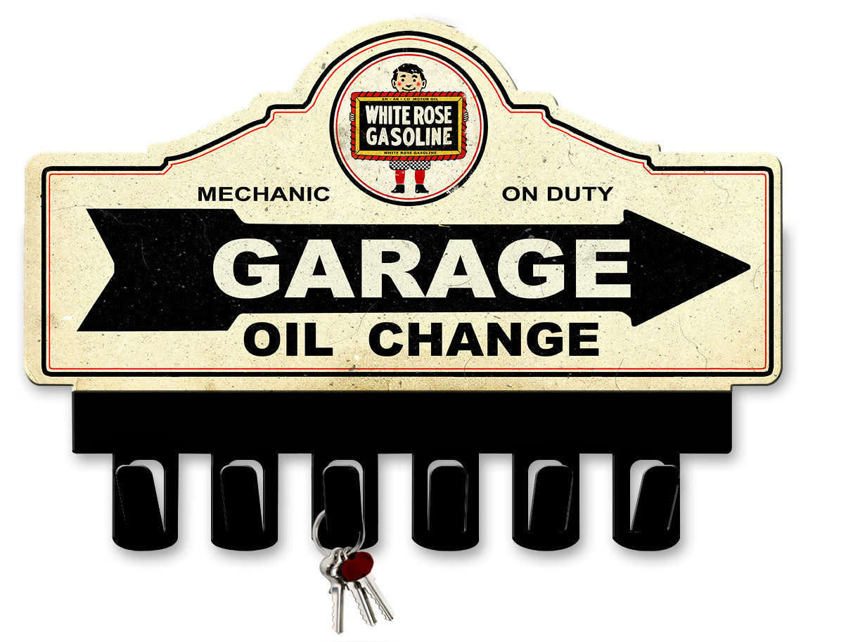 White Rose Gasoline Key Hanger Vintage Sign, Oil & Petro, Metal Sign, Wall Art, 14 X 10 Inches