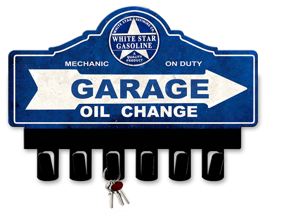 White Star Gasoline Key Hanger Vintage Sign, Oil & Petro, Metal Sign, Wall Art, 14 X 10 Inches